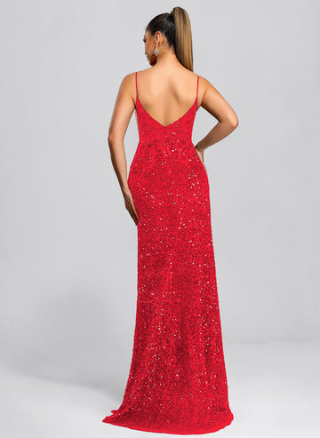 Trumpet/Mermaid V-Neck Sweep Train Sequin Maxi Dresses With Sequins Appliques Lace